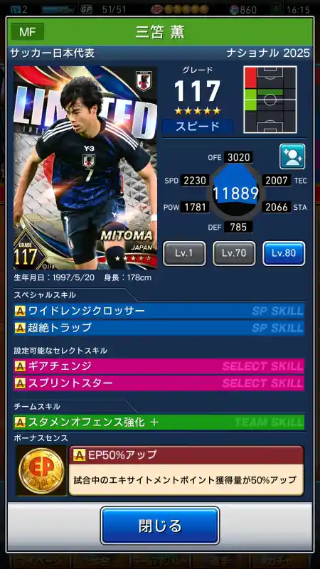 サッカー代表 三笠 薰の選手データ