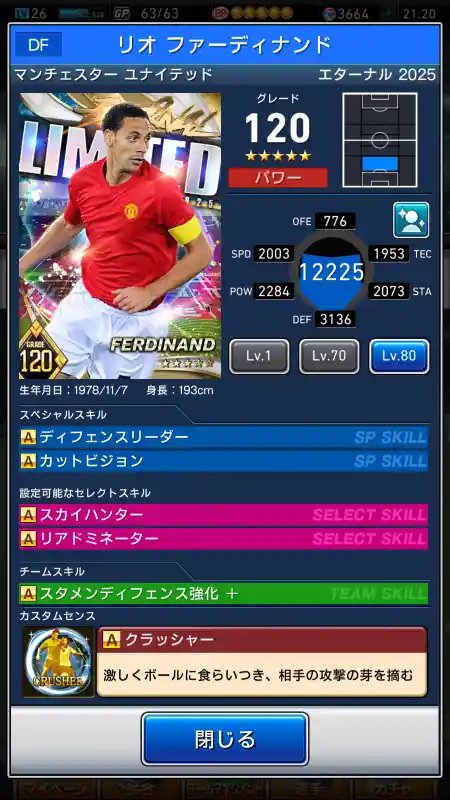 リオ ファーディナンド マンチェスターユナイテッドの選手データ