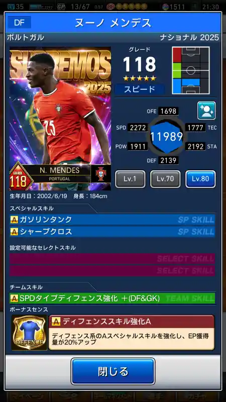 ヌーノ メンデスの選手データ