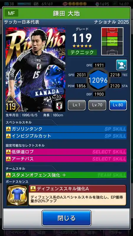 鎌田大地 サッカー代表の選手データ