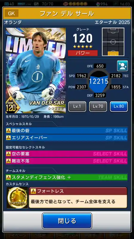 ファンデルサールの選手データ