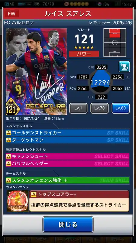 ルイス スアレス バルセロナの選手データ