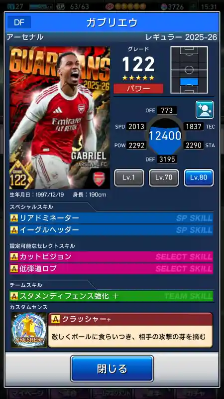 ガブリエウ アーセナルの選手データ