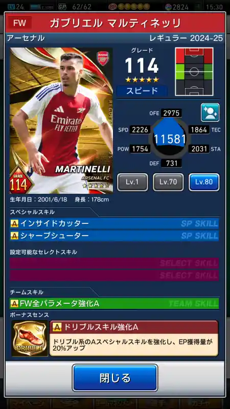 アーセナル ガブリエル マルティネッリの選手データ